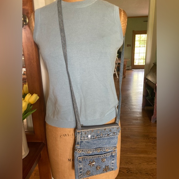 Boho Chic CROSSBODY Handbag Blue Jean with Silver Beads NEW - Picture 6 of 8